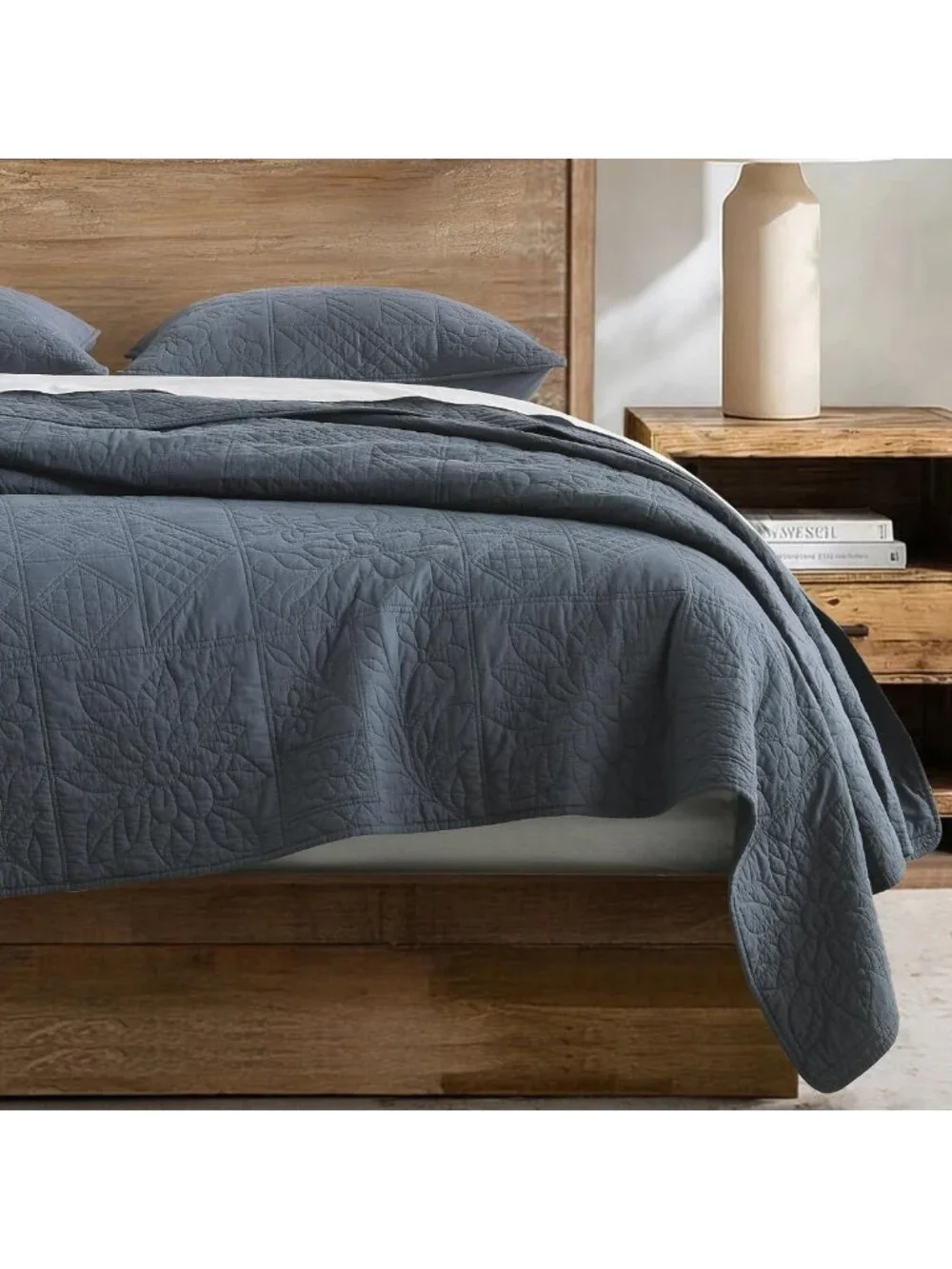 100% Cotton King Quilt Set - Steel Blue Patchwork Farmhouse Bedding, Soft